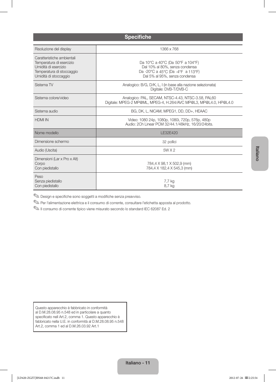 Specifiche | Samsung LE32E420E2W User Manual | Page 47 / 51