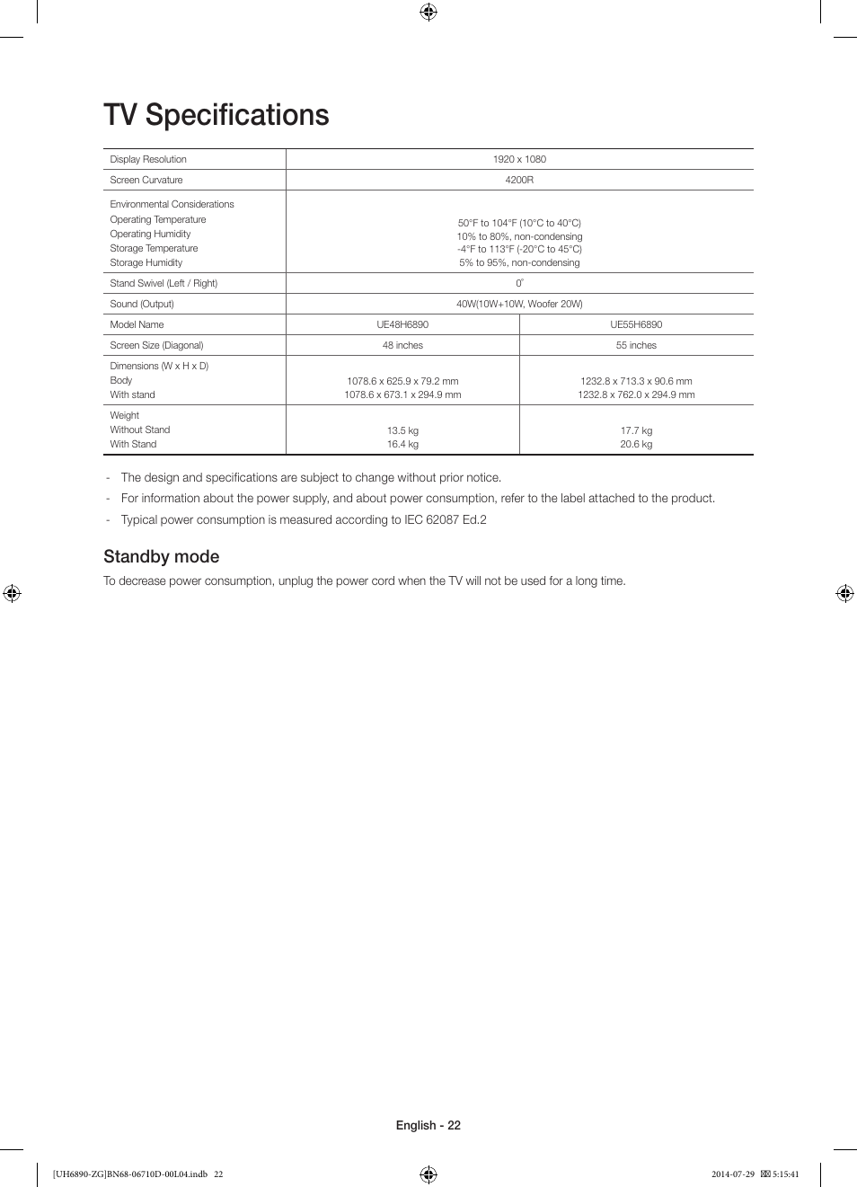 Tv specifications, Standby mode | Samsung UE48H6890SS User Manual | Page 22 / 89