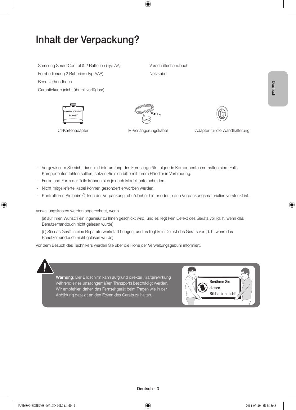 Inhalt der verpackung | Samsung UE48H6890SS User Manual | Page 25 / 89