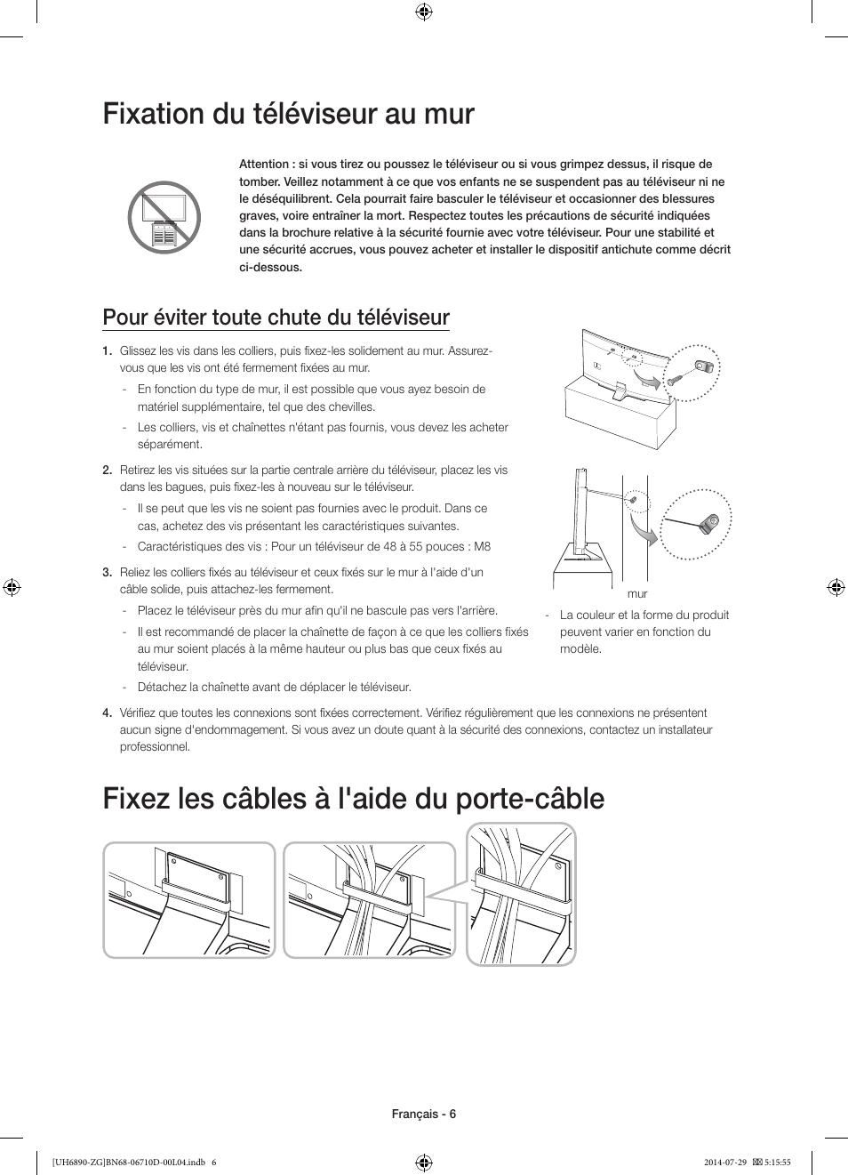 Fixation du téléviseur au mur, Fixez les câbles à l'aide du porte-câble, Pour éviter toute chute du téléviseur | Samsung UE48H6890SS User Manual | Page 50 / 89