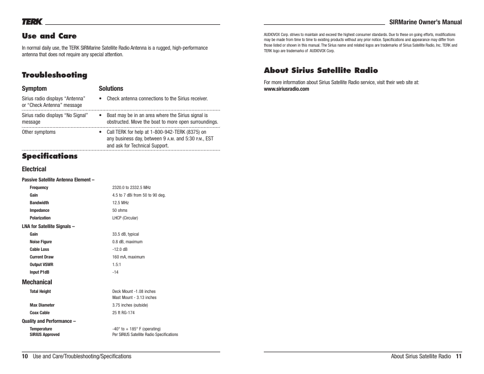About sirius satellite radio, Use and care, Troubleshooting | Specifications | Audiovox Terk SIRMarine User Manual | Page 6 / 7