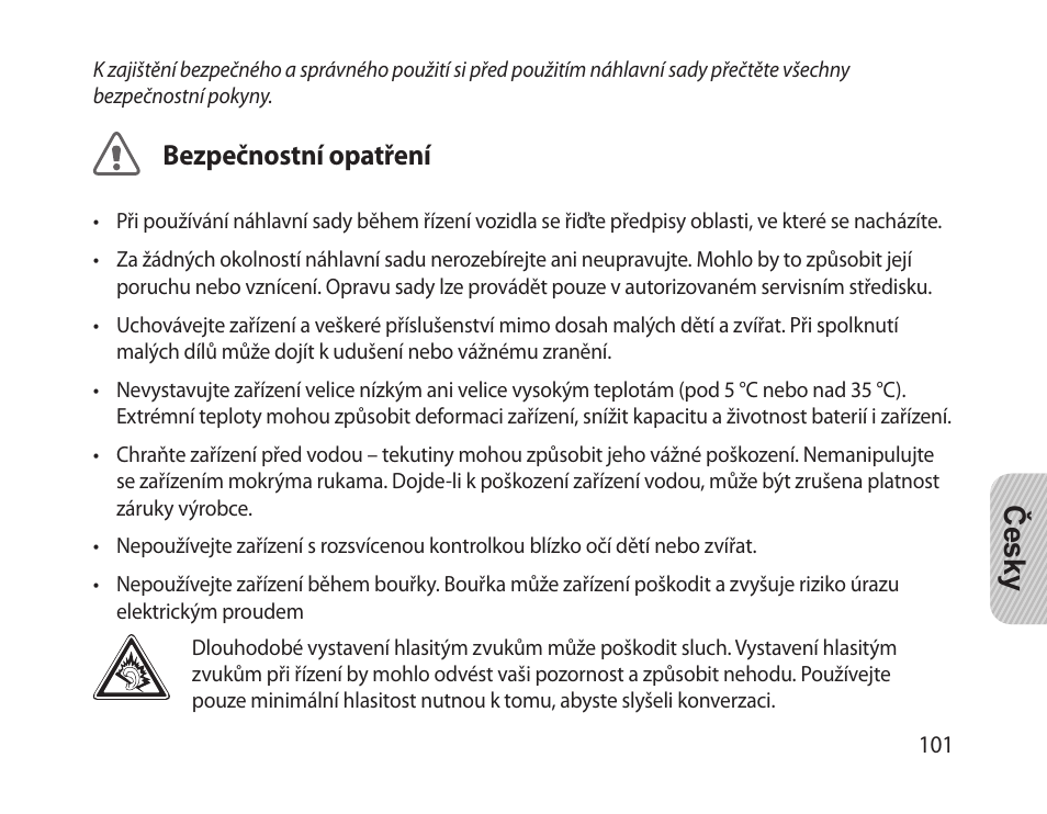 Česky, Bezpečnostní opatření | Samsung HM-1300 User Manual | Page 103 / 149