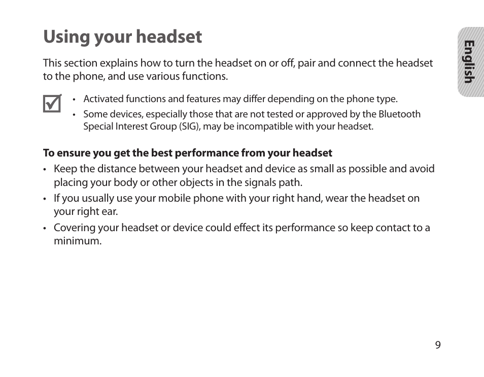 Using your headset | Samsung HM-1300 User Manual | Page 11 / 149