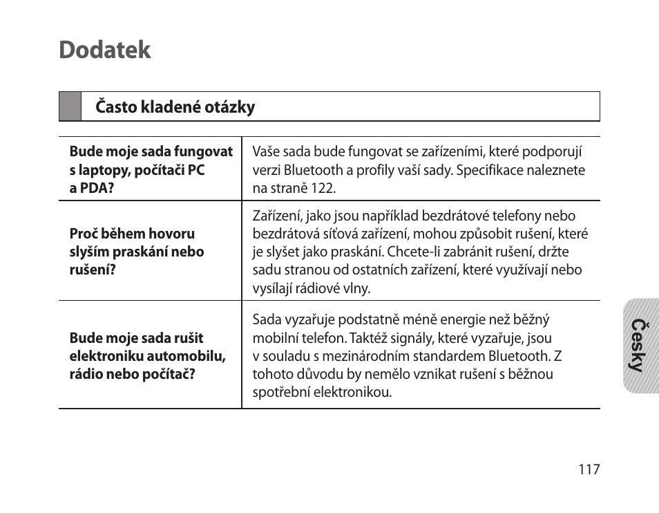 Dodatek, Často kladené otázky | Samsung HM-1300 User Manual | Page 119 / 149