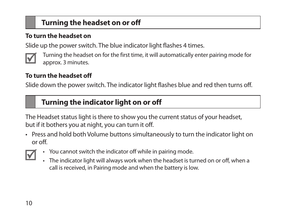 Turning the headset on or off, Turning the indicator light on or off | Samsung HM-1300 User Manual | Page 12 / 149