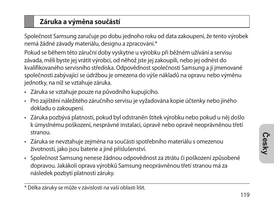 Záruka a výměna součástí | Samsung HM-1300 User Manual | Page 121 / 149