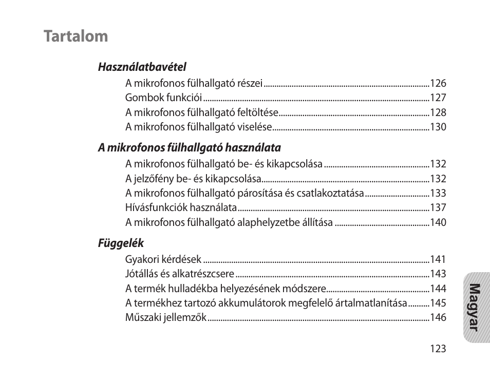 Magyar, Tartalom | Samsung HM-1300 User Manual | Page 125 / 149