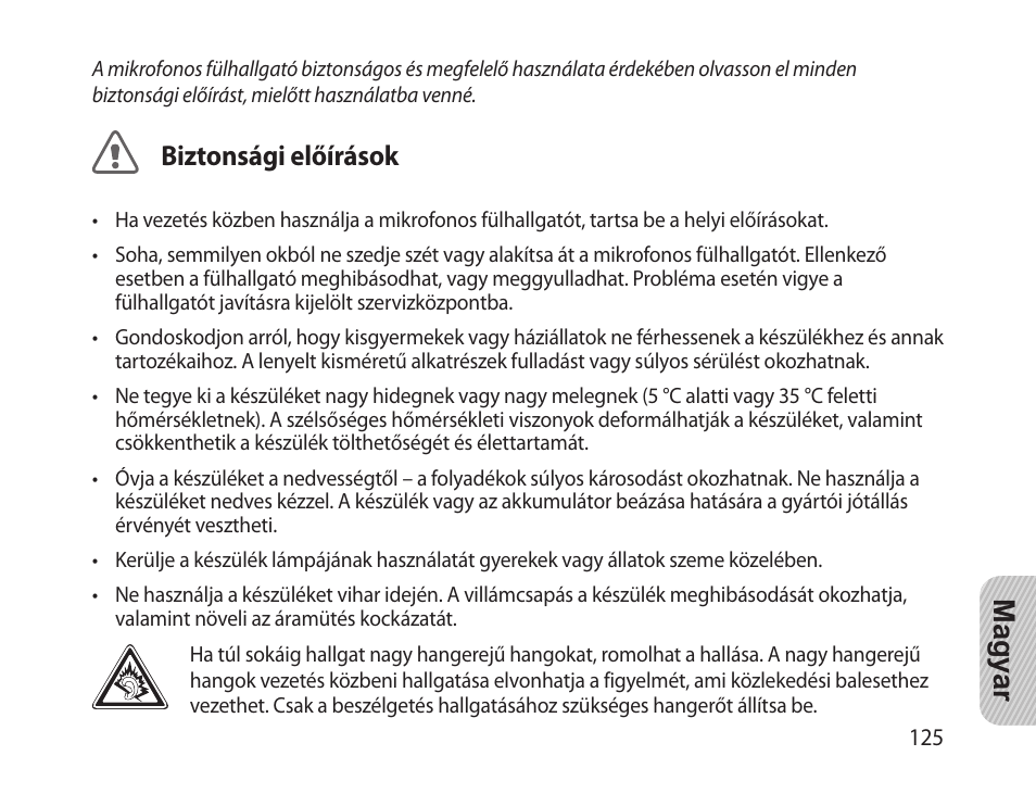 Magyar, Biztonsági előírások | Samsung HM-1300 User Manual | Page 127 / 149