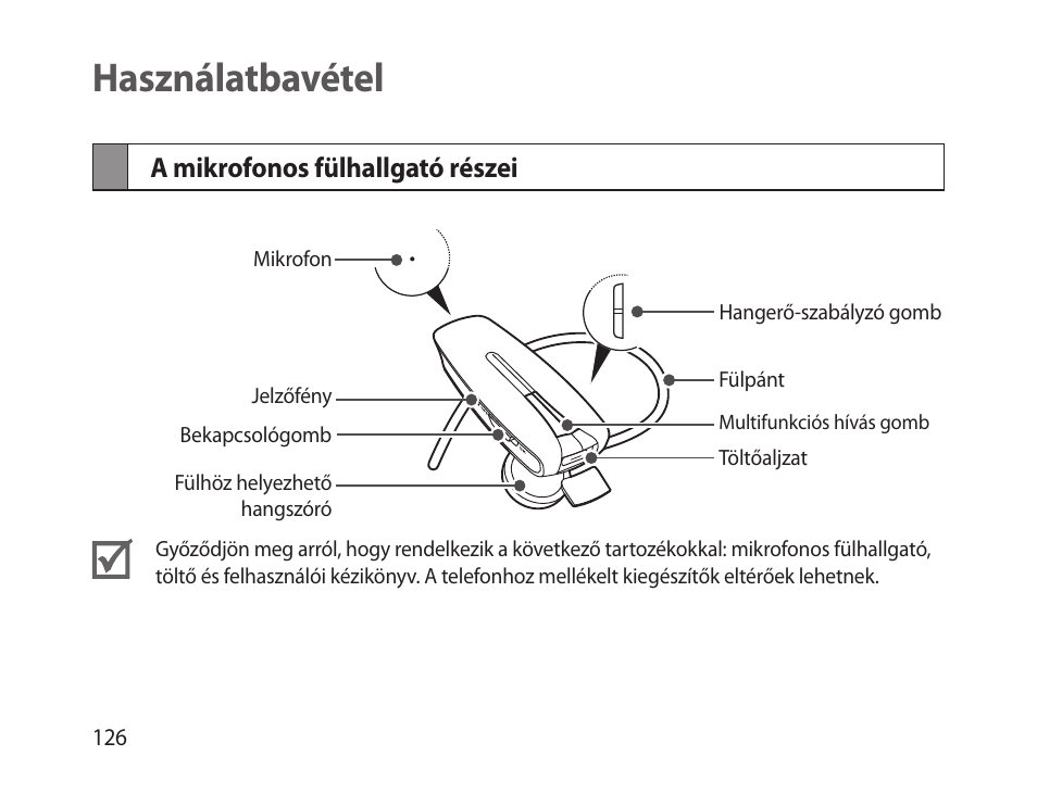 Használatbavétel, A mikrofonos fülhallgató részei | Samsung HM-1300 User Manual | Page 128 / 149