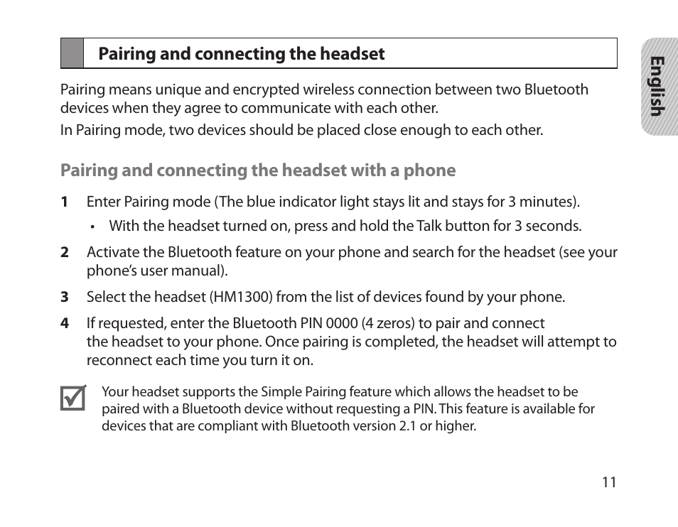 Pairing and connecting the headset | Samsung HM-1300 User Manual | Page 13 / 149