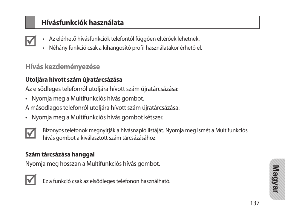 Hívásfunkciók használata | Samsung HM-1300 User Manual | Page 139 / 149