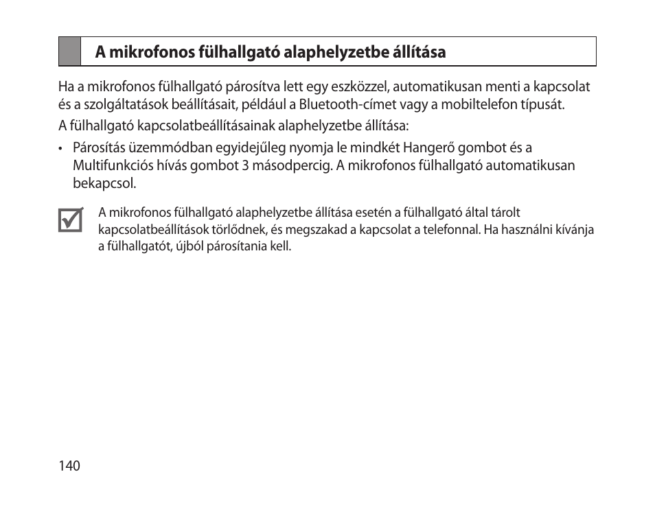 A mikrofonos fülhallgató alaphelyzetbe állítása | Samsung HM-1300 User Manual | Page 142 / 149