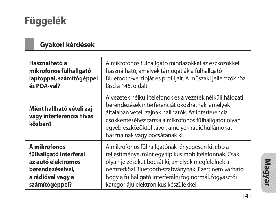 Függelék, Gyakori kérdések | Samsung HM-1300 User Manual | Page 143 / 149