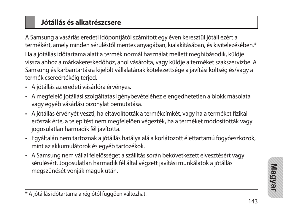 Jótállás és alkatrészcsere | Samsung HM-1300 User Manual | Page 145 / 149