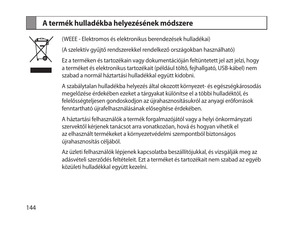 A termék hulladékba helyezésének módszere | Samsung HM-1300 User Manual | Page 146 / 149