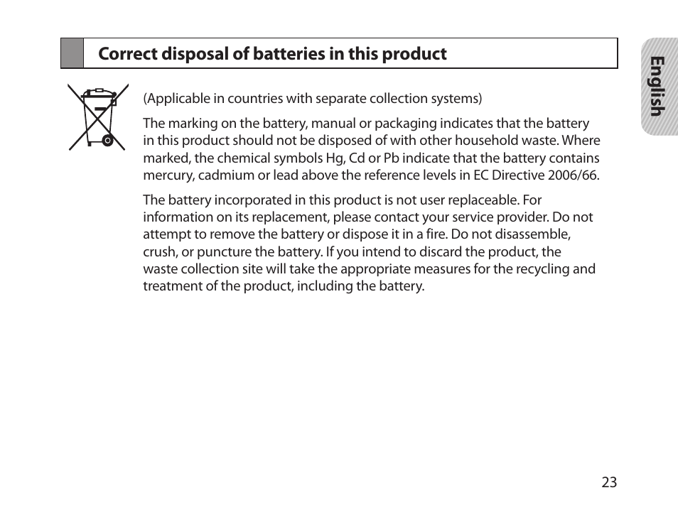 Correct disposal of batteries in this product | Samsung HM-1300 User Manual | Page 25 / 149