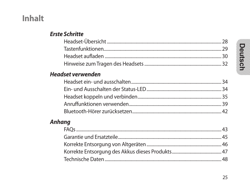 Deutsch, Inhalt | Samsung HM-1300 User Manual | Page 27 / 149