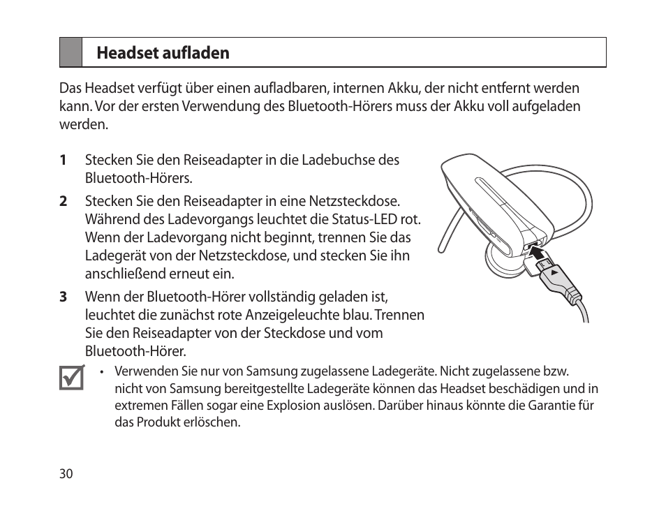 Headset aufladen | Samsung HM-1300 User Manual | Page 32 / 149