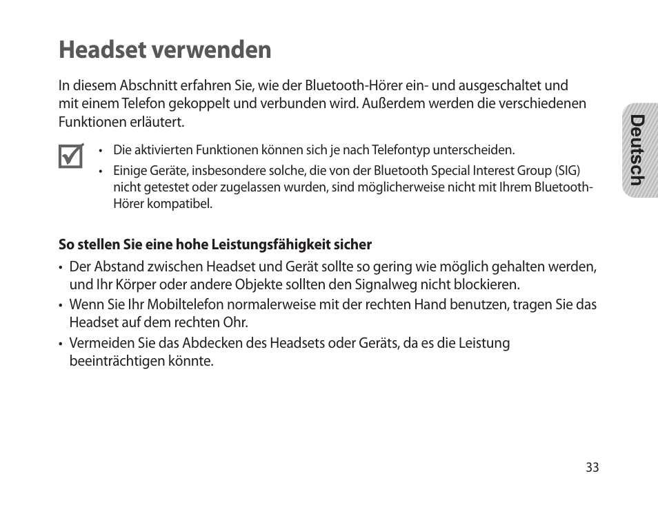 Headset verwenden | Samsung HM-1300 User Manual | Page 35 / 149