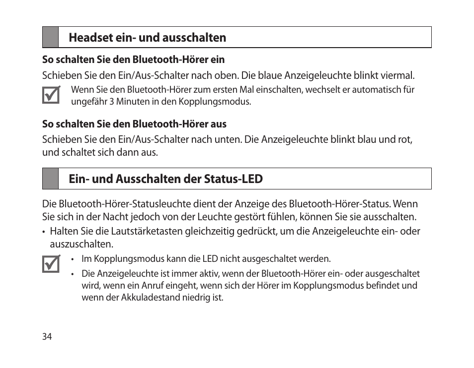 Headset ein- und ausschalten, Ein- und ausschalten der status-led | Samsung HM-1300 User Manual | Page 36 / 149