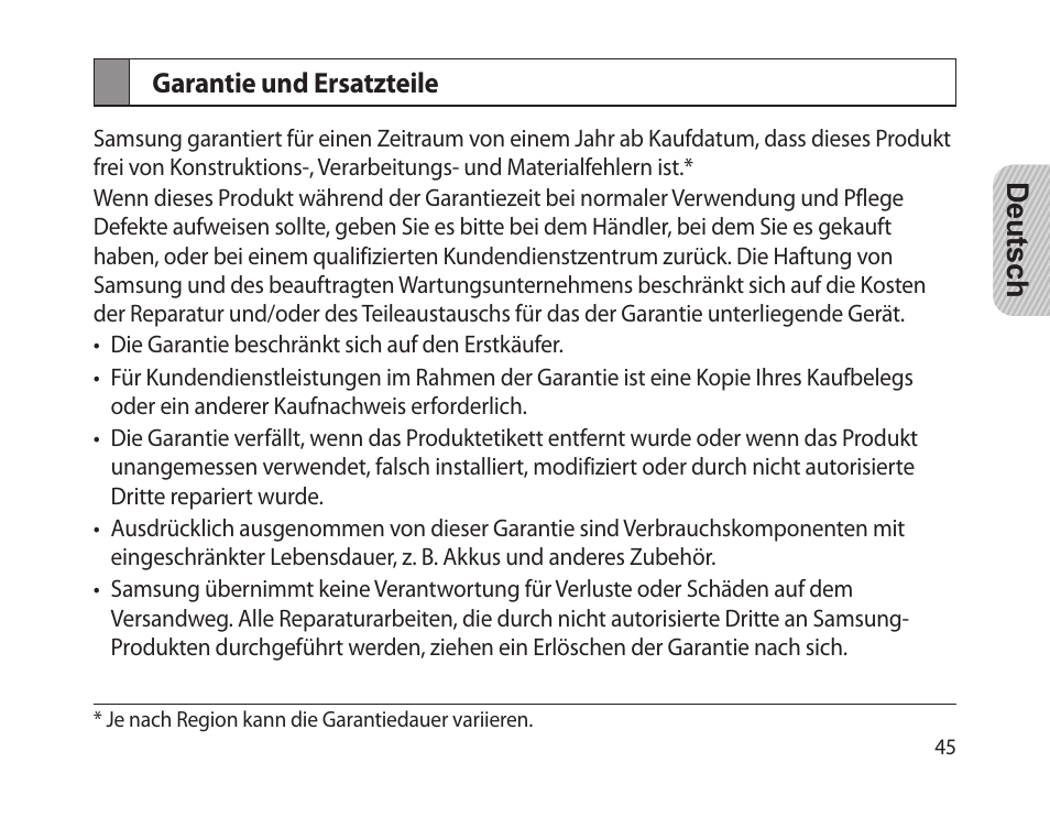 Garantie und ersatzteile | Samsung HM-1300 User Manual | Page 47 / 149