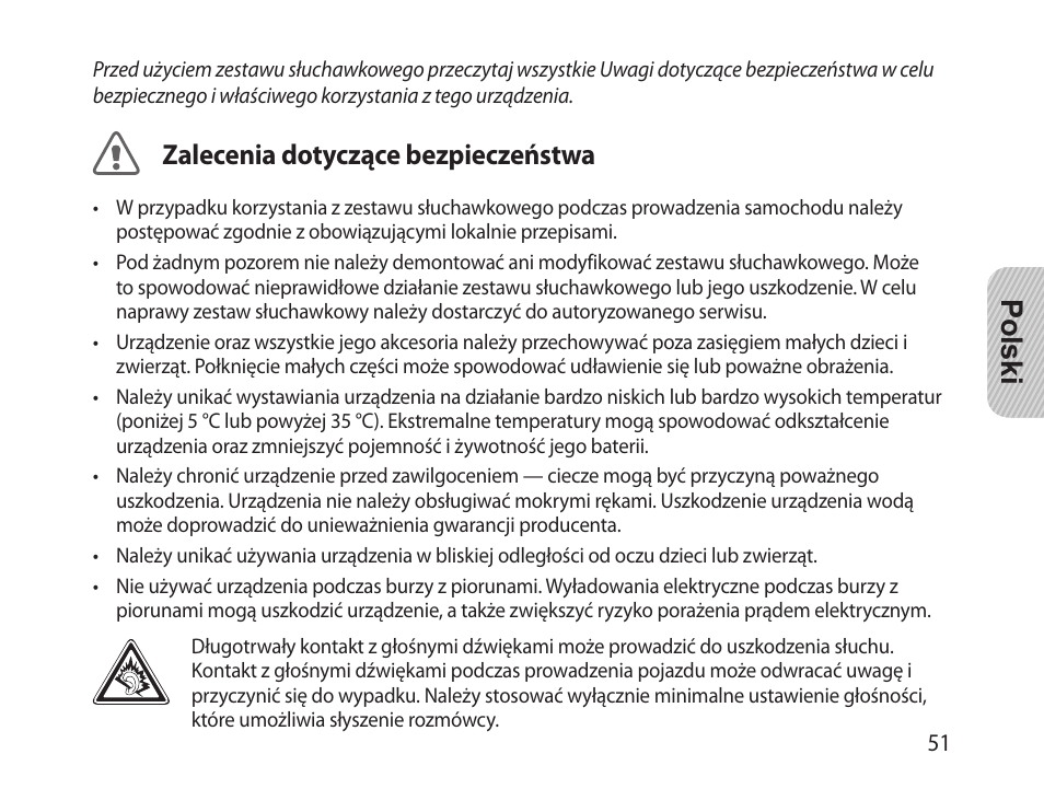 Polski, Zalecenia dotyczące bezpieczeństwa | Samsung HM-1300 User Manual | Page 53 / 149