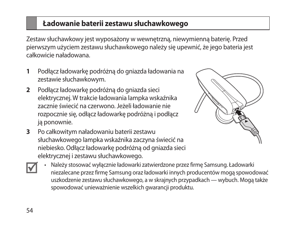 Ładowanie baterii zestawu słuchawkowego | Samsung HM-1300 User Manual | Page 56 / 149