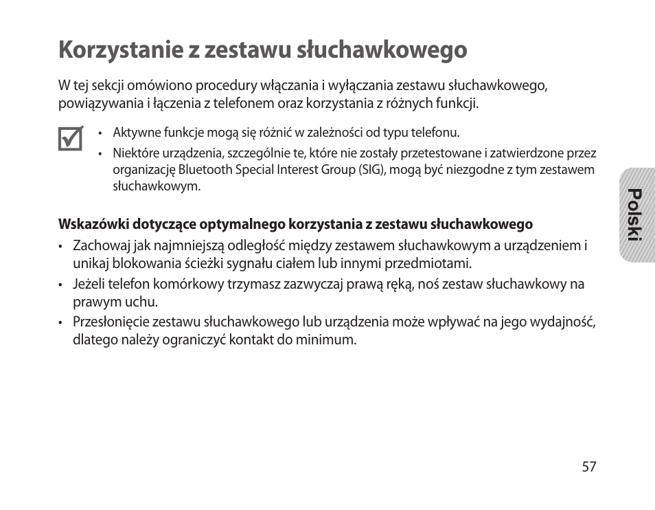 Korzystanie z zestawu słuchawkowego | Samsung HM-1300 User Manual | Page 59 / 149