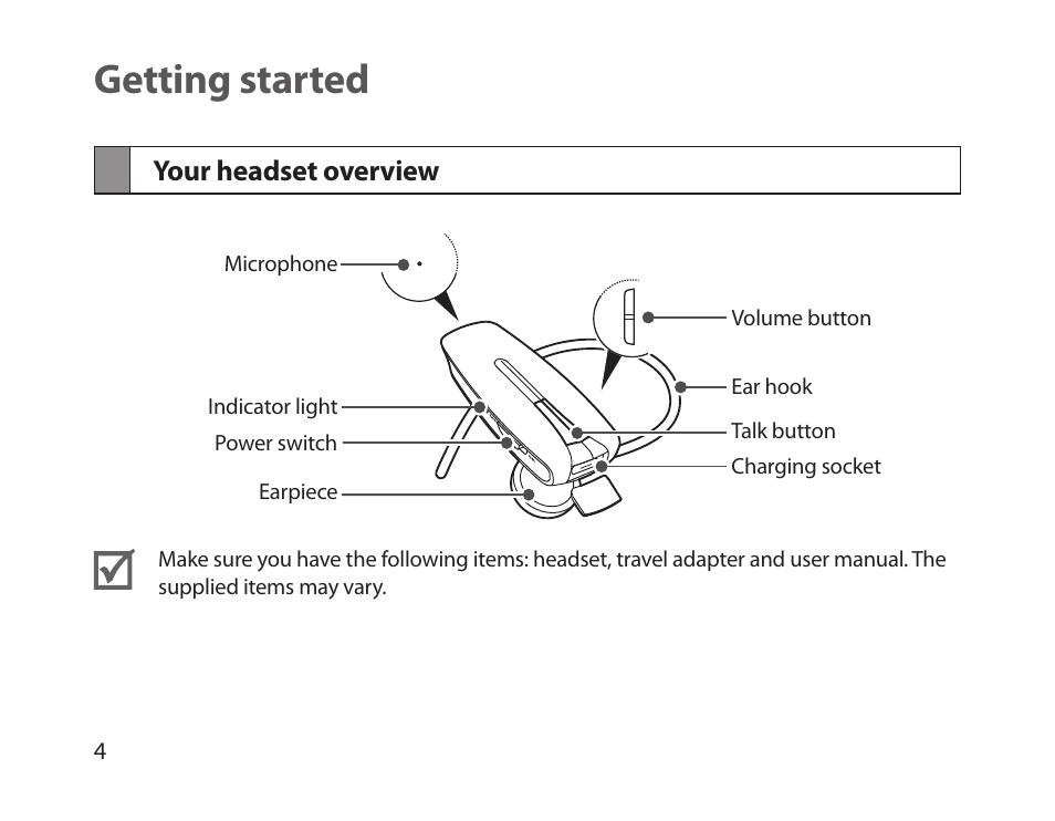 Getting started, Your headset overview | Samsung HM-1300 User Manual | Page 6 / 149