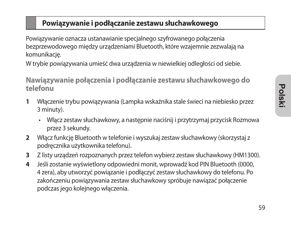 Powiązywanie i podłączanie zestawu słuchawkowego | Samsung HM-1300 User Manual | Page 61 / 149