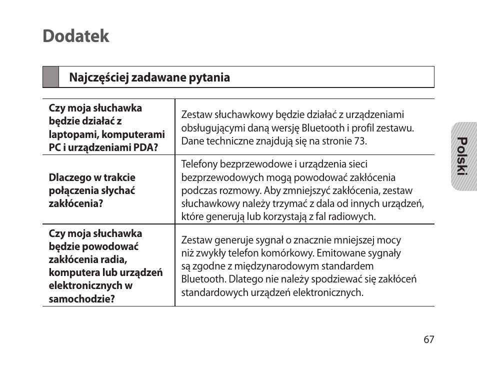 Dodatek, Najczęściej zadawane pytania | Samsung HM-1300 User Manual | Page 69 / 149