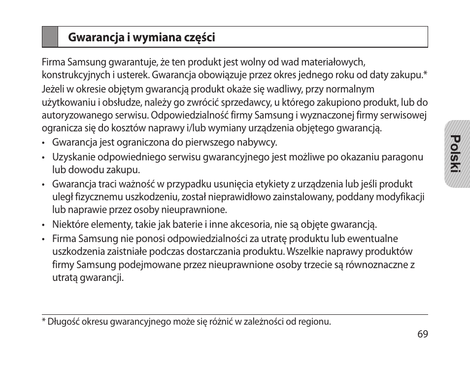 Gwarancja i wymiana części | Samsung HM-1300 User Manual | Page 71 / 149