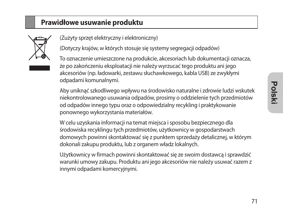 Prawidłowe usuwanie produktu, Polski prawidłowe usuwanie produktu | Samsung HM-1300 User Manual | Page 73 / 149