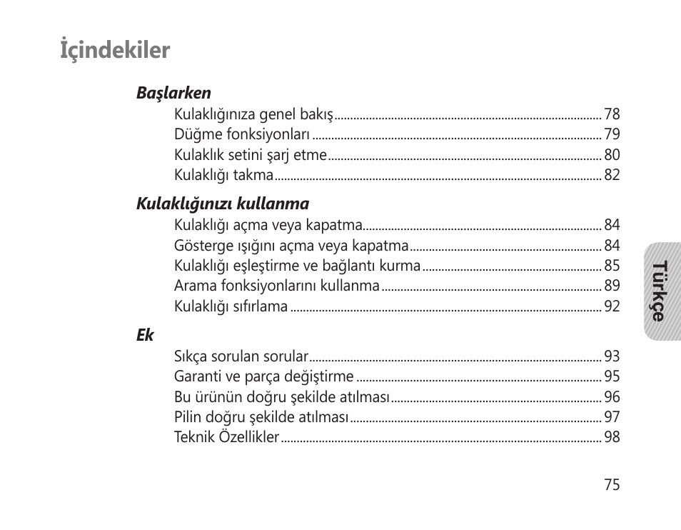 Türkçe, Içindekiler | Samsung HM-1300 User Manual | Page 77 / 149