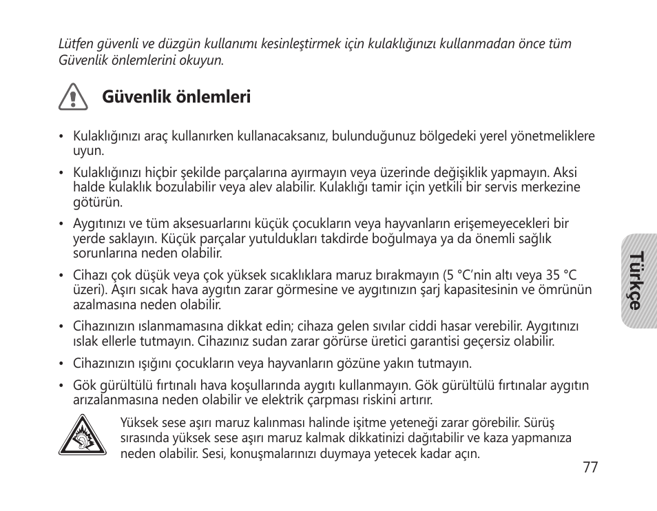 Türkçe, Güvenlik önlemleri | Samsung HM-1300 User Manual | Page 79 / 149