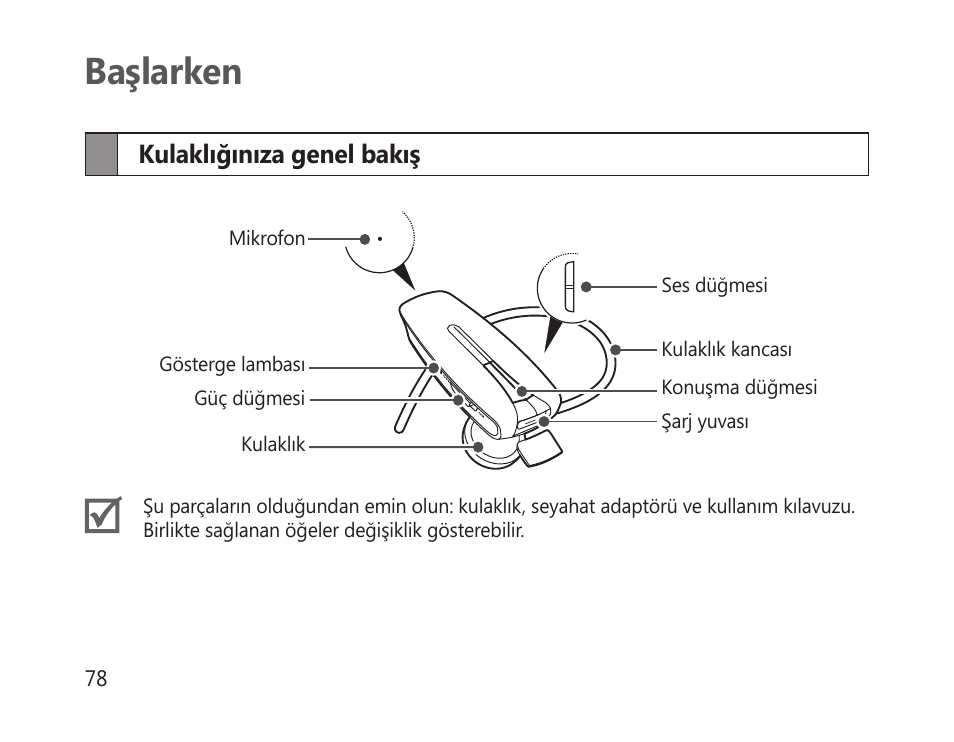 Başlarken, Kulaklığınıza genel bakış | Samsung HM-1300 User Manual | Page 80 / 149