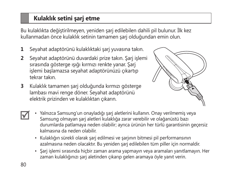 Kulaklık setini şarj etme | Samsung HM-1300 User Manual | Page 82 / 149