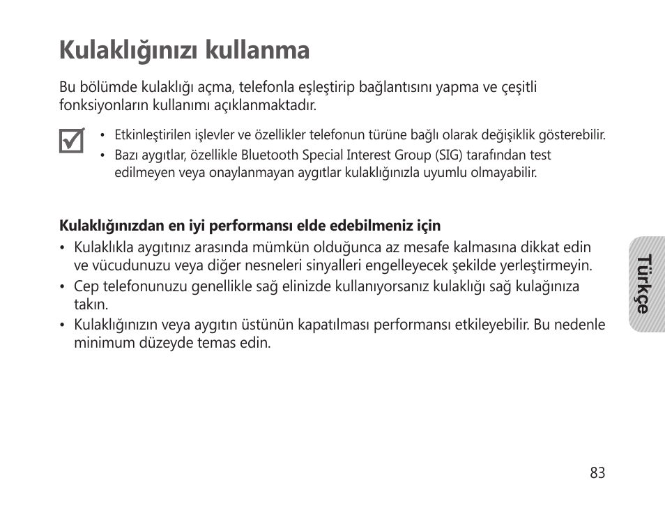 Kulaklığınızı kullanma | Samsung HM-1300 User Manual | Page 85 / 149