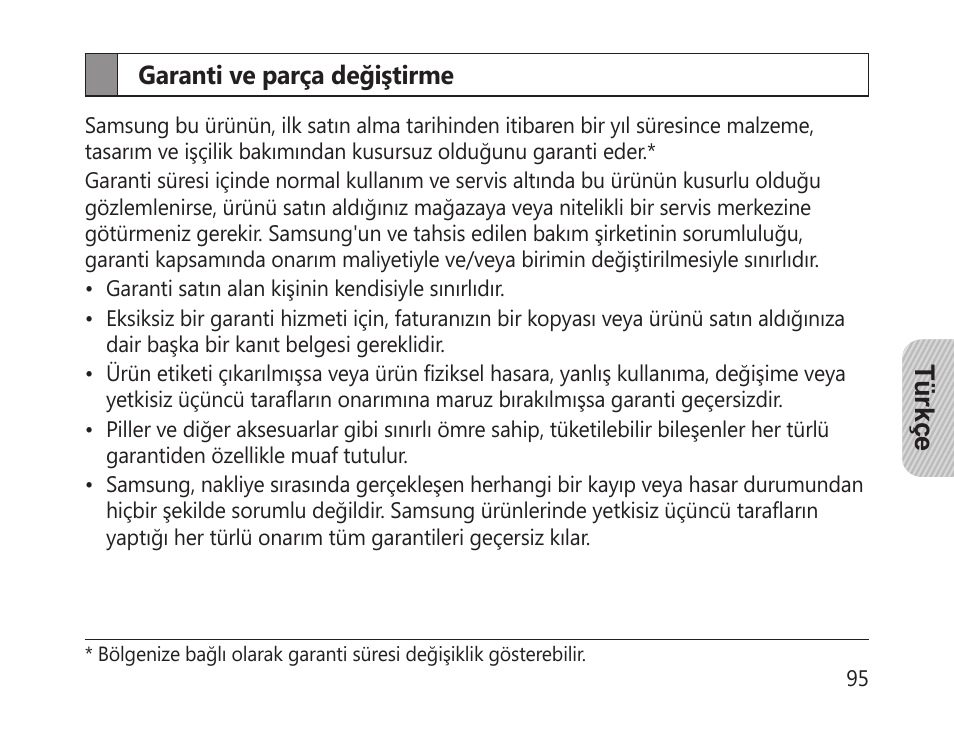 Garanti ve parça değiştirme | Samsung HM-1300 User Manual | Page 97 / 149