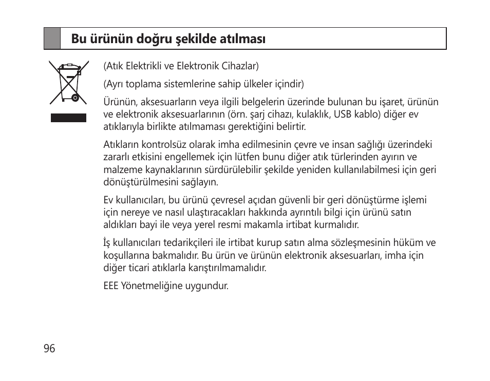 Bu ürünün doğru şekilde atılması | Samsung HM-1300 User Manual | Page 98 / 149