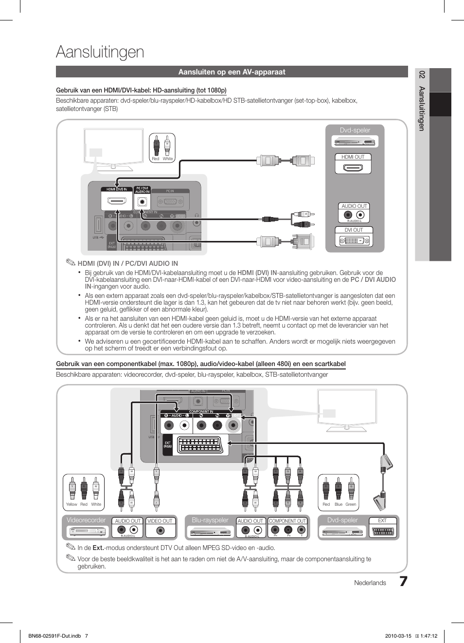 Aansluitingen, 02 aansluitingen aansluiten op een av-apparaat, Nederlands | Dvd-speler hdmi (dvi) in / pc/dvi audio in, Blu-rayspeler dvd-speler videorecorder in de, Gebruiken | Samsung LE19C451E2W User Manual | Page 124 / 157