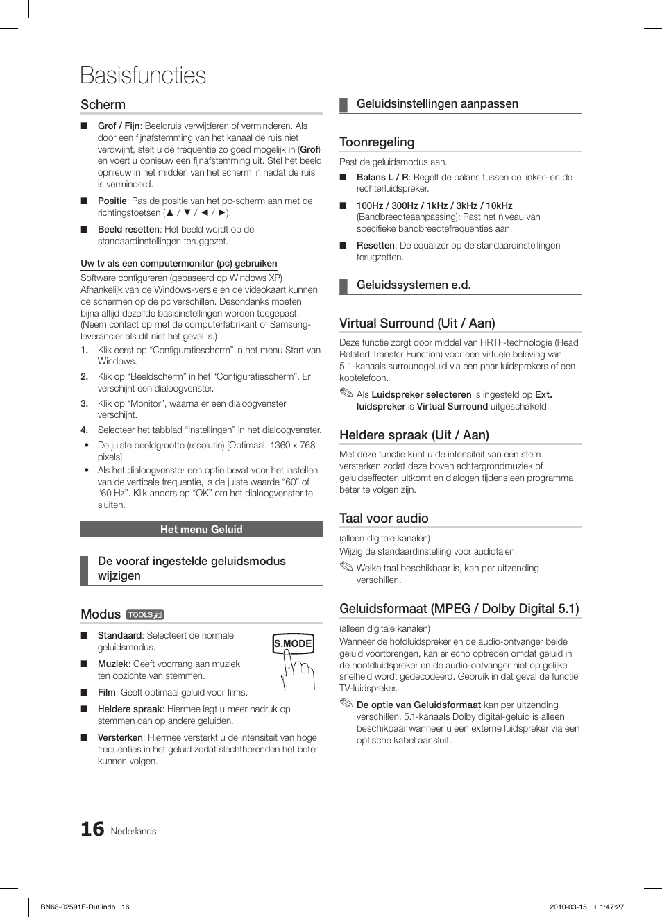 Basisfuncties, Scherm, Modus | Toonregeling, Virtual surround (uit / aan), Heldere spraak (uit / aan), Taal voor audio, Geluidsformaat (mpeg / dolby digital 5.1) | Samsung LE19C451E2W User Manual | Page 133 / 157