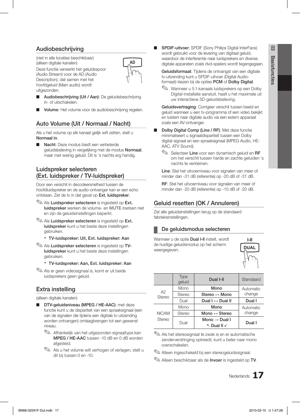 Audiobeschrijving, Auto volume (uit / normaal / nacht), Extra instelling | Geluid resetten (ok / annuleren) | Samsung LE19C451E2W User Manual | Page 134 / 157