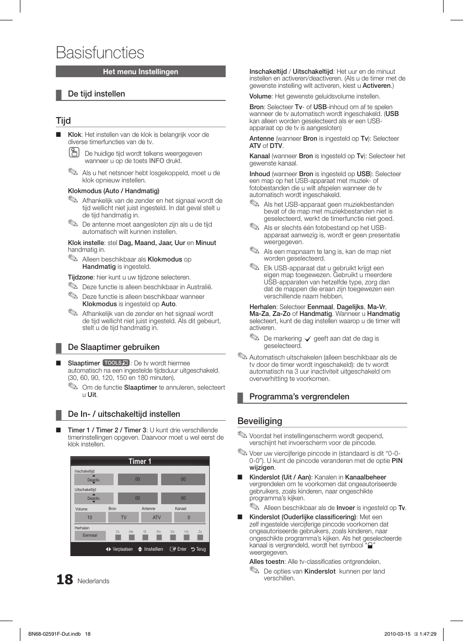 Basisfuncties, Tijd, Beveiliging | Samsung LE19C451E2W User Manual | Page 135 / 157