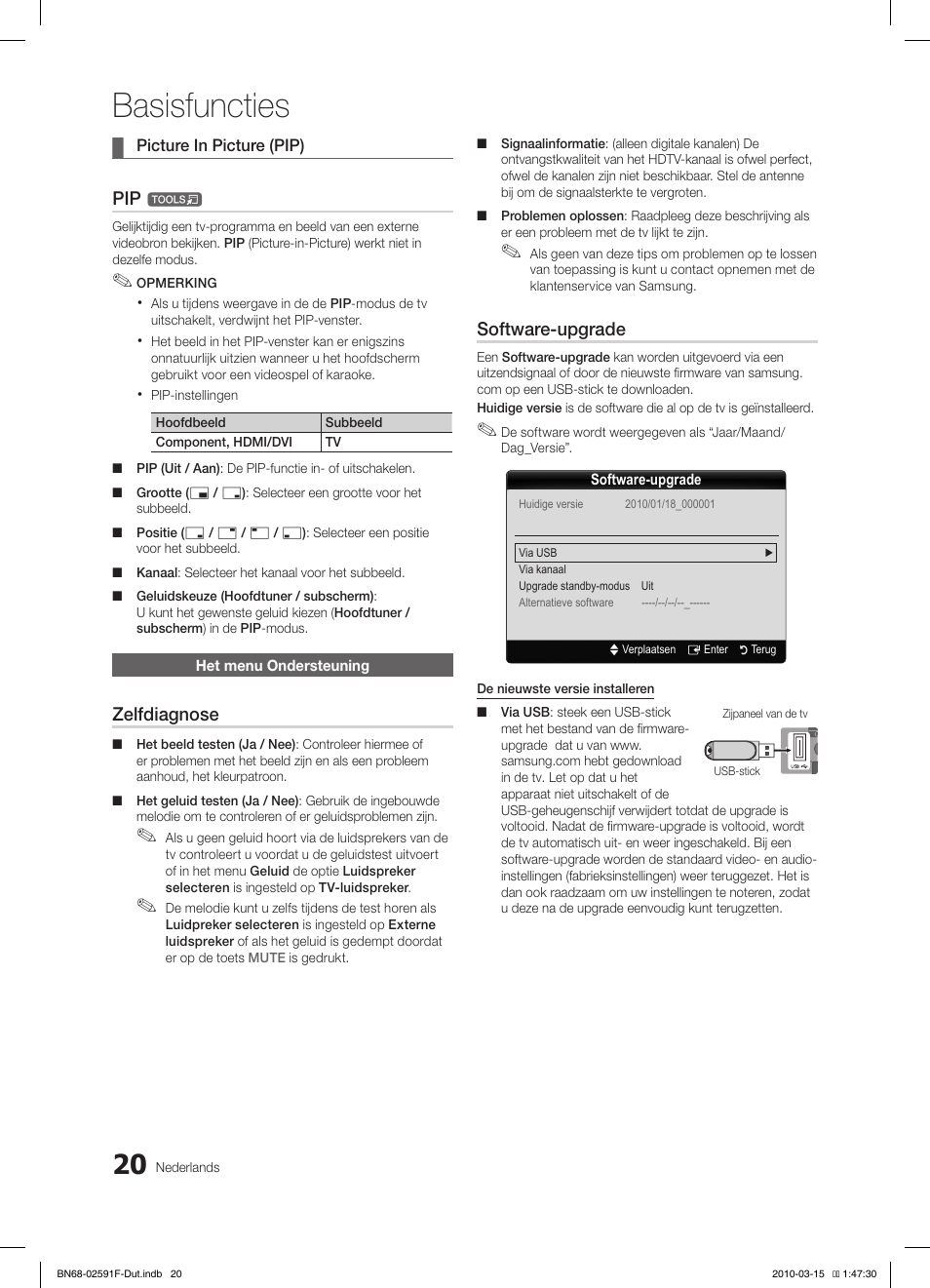 Basisfuncties, Zelfdiagnose, Software-upgrade | Samsung LE19C451E2W User Manual | Page 137 / 157