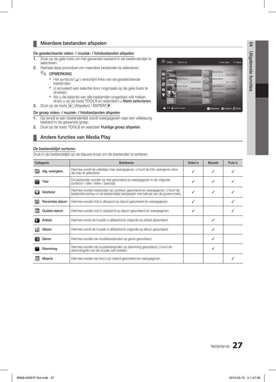 Meerdere bestanden afspelen, Andere functies van media play | Samsung LE19C451E2W User Manual | Page 144 / 157