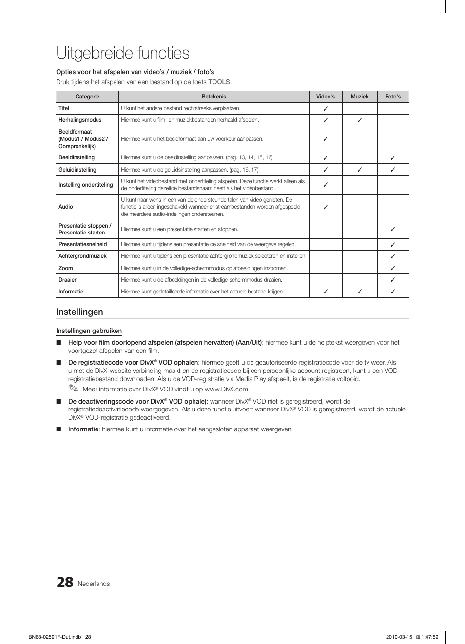 Uitgebreide functies, Instellingen | Samsung LE19C451E2W User Manual | Page 145 / 157