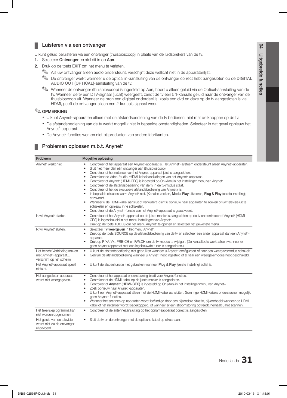 Luisteren via een ontvanger, Problemen oplossen m.b.t. anynet | Samsung LE19C451E2W User Manual | Page 148 / 157