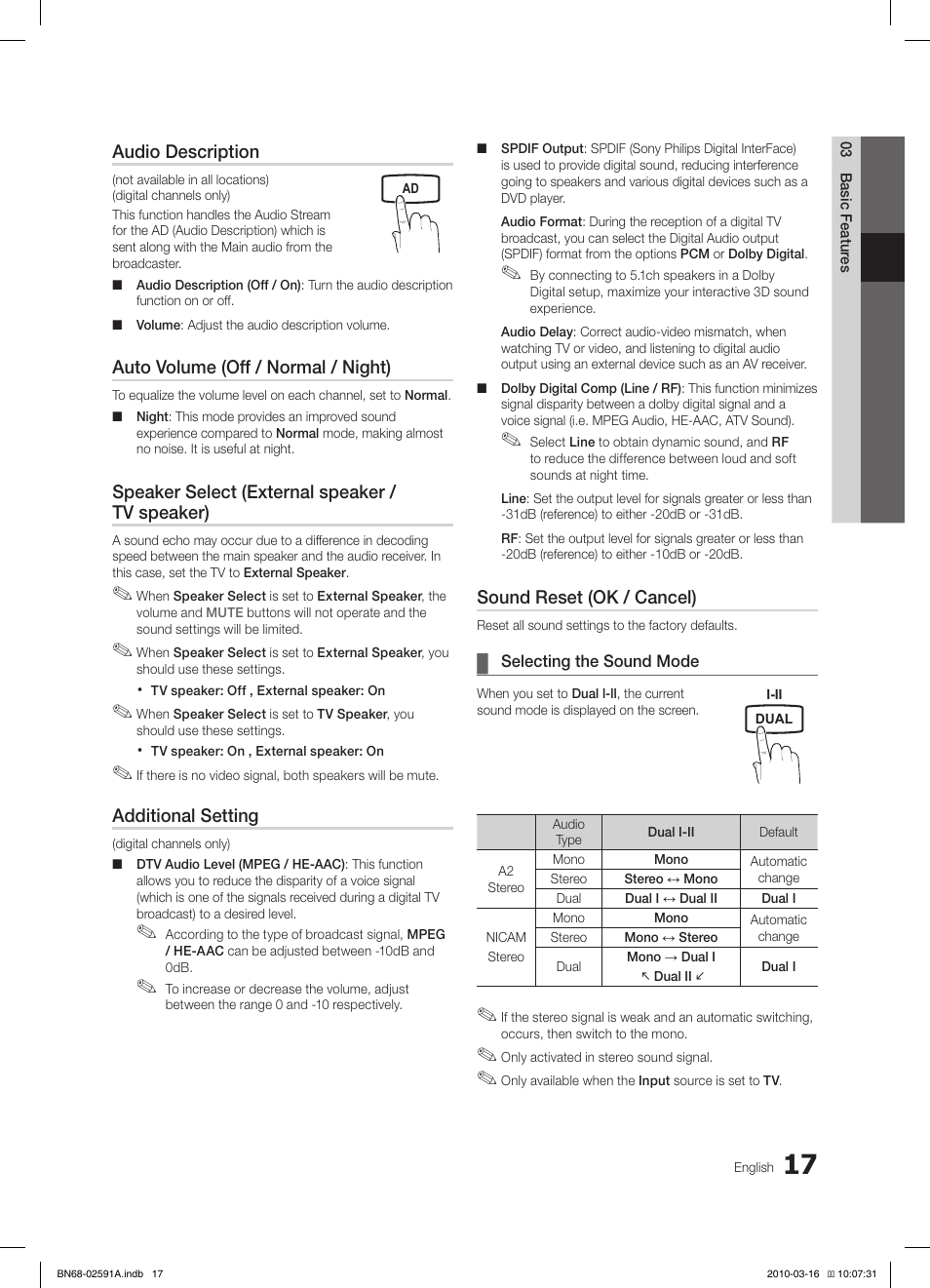 Audio description, Auto volume (off / normal / night), Speaker select (external speaker / tv speaker) | Additional setting, Sound reset (ok / cancel) | Samsung LE19C451E2W User Manual | Page 17 / 157