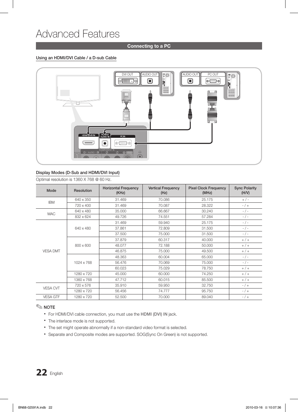 Advanced features, Connecting to a pc | Samsung LE19C451E2W User Manual | Page 22 / 157